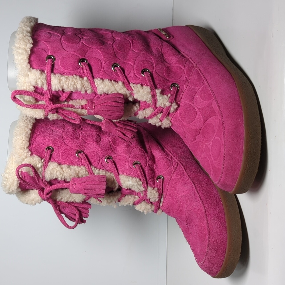 Coach Pink Suede Shearling-Trim Winter Boots